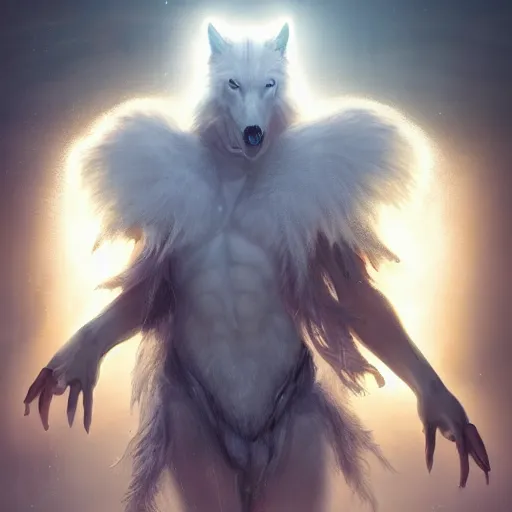 Image similar to white wolf god, huggy wuggy from poppy playtime video game, fullbody, ultra high detailed, glowing lights, oil painting, greg rutkowski, charlie bowater, beeple, unreal 5, daz, hyperrealistic, octane render, rpg portrait, dynamic lighting, fantasy art, beautiful face