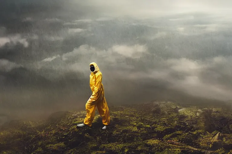 Image similar to a cinematic portrait of a beautiful model woman wearing hazmat suit, on the top of a mountain, overlooking a vast serene forest, large diffused light, neon light, 4 k, ultra realistic, dramatic lighting, rain, clouds, fog, vogue, fashion, glamour, magazine spread, by marco mazzoni and jessica rossier