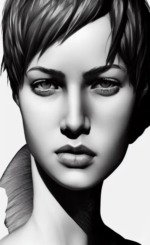 Image similar to up close portrait of a beautiful woman in black and white, photorealistic, pixie cut, intricate hair, rule of thirds, art by diego fazio and diegoKoi and oscar Ukono, concept art, sharp focus, artgerm, 8k highly detailed