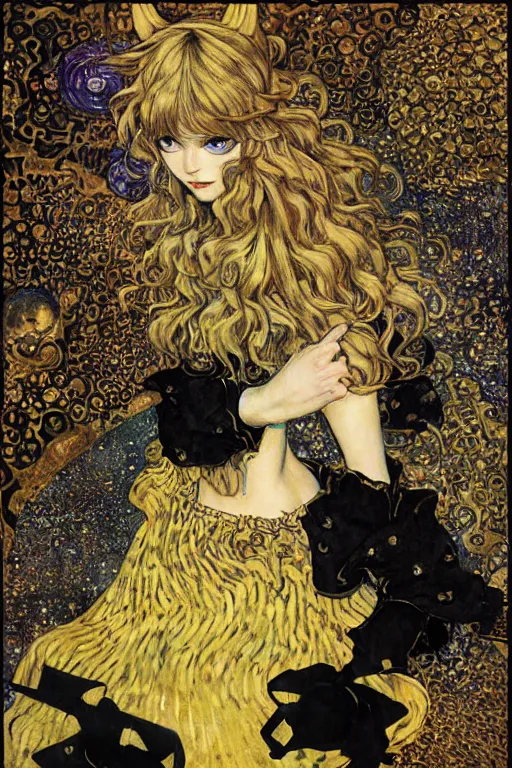 Image similar to Kirisame Marisa from touhou, official artwork, danbooru, by Karol Bak, Jean Deville, Gustav Klimt, and Vincent Van Gogh, Surreality, fractal structures, arcane, ornate gilded medieval icon