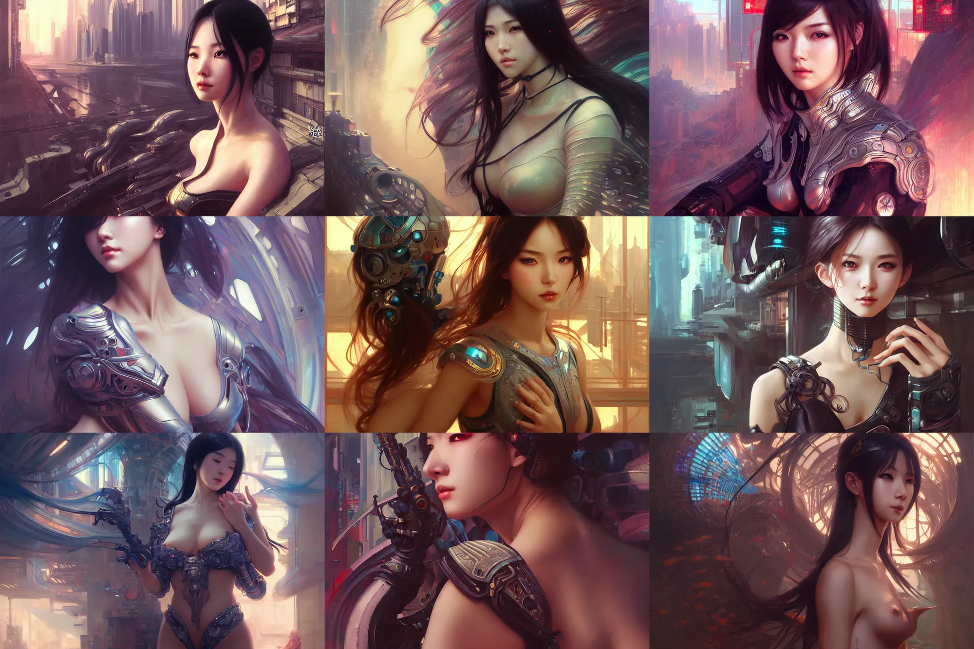 Prompt: ultra realistic beautiful futuristic kowloon techno art, beautiful alluring anime woman, gorgeous face and figure, sci - fi, fantasy, intricate, elegant, highly detailed, digital painting, artstation, concept art, smooth, sharp focus, illustration, art by artgerm and yuxiang chen and alphonse mucha and greg rutkowski