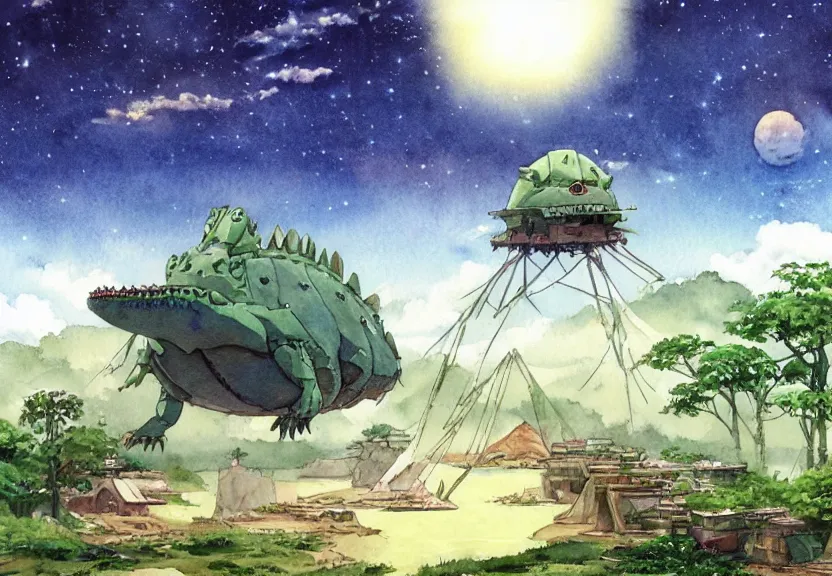 Image similar to a hyperrealist watercolor concept art from a studio ghibli film showing a giant mechanized crocodile from howl's moving castle ( 2 0 0 4 ). a pyramid is under construction in the background, in the rainforest on a misty and starry night. a ufo is in the sky. by studio ghibli