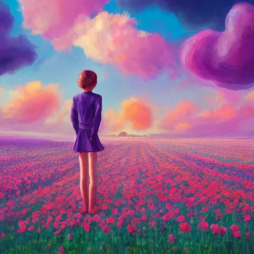 Image similar to giant rose as a head, girl standing in a flower field, surreal photography, sunrise dramatic light, impressionist painting, colorful clouds, digital painting, artstation, simon stalenhag