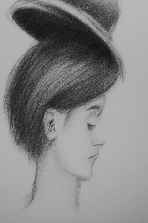 Image similar to highly detailed, cute teenage girl in a tall black top hat, profile face, pencil sketch, gray scale