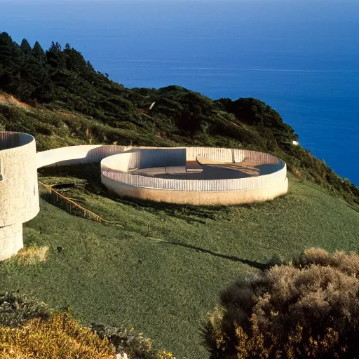 Prompt: castle designed by renzo piano overlooking big sur. landscape design by andre le notre. fujinon premista 1 9 - 4 5 mm t 2. 9. portra 8 0 0. w 1 0 8 8