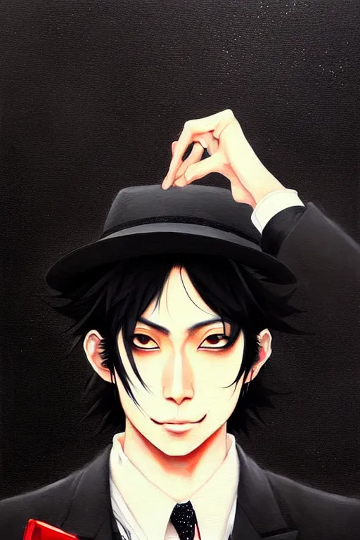 Image similar to a ultradetailed beautiful painting of kiriyama renn wearing a black bowler hat and a suit, he has black hair with bangs, by conrad roset, greg rutkowski and makoto shinkai trending on artstation