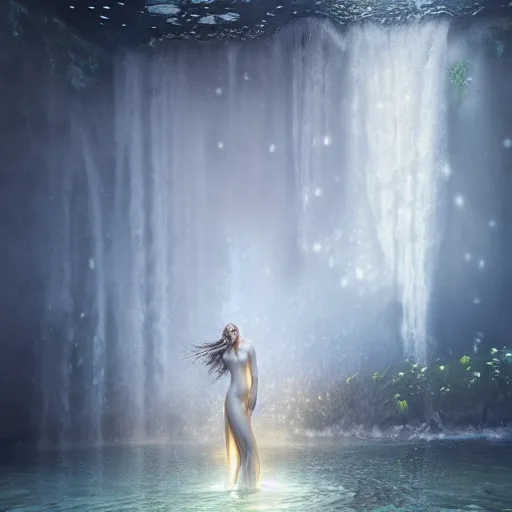 Image similar to ultra realistic 3 d render of a goddess made of water and flowers rising out of the water dripping by charlie bowater and farid ghanbari, beautiful, bioluminescent, ethereal, mist, waterfall