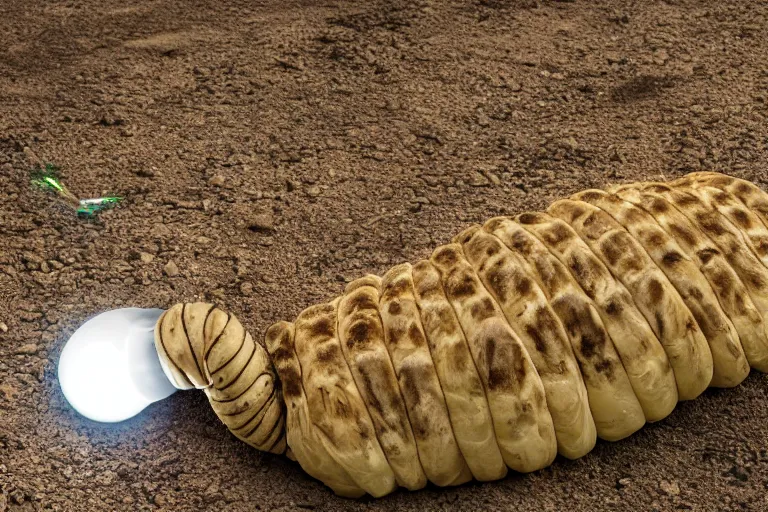 Prompt: a giant grub with a lightbulb on its tail, high resolution film still, HDR color, 8k