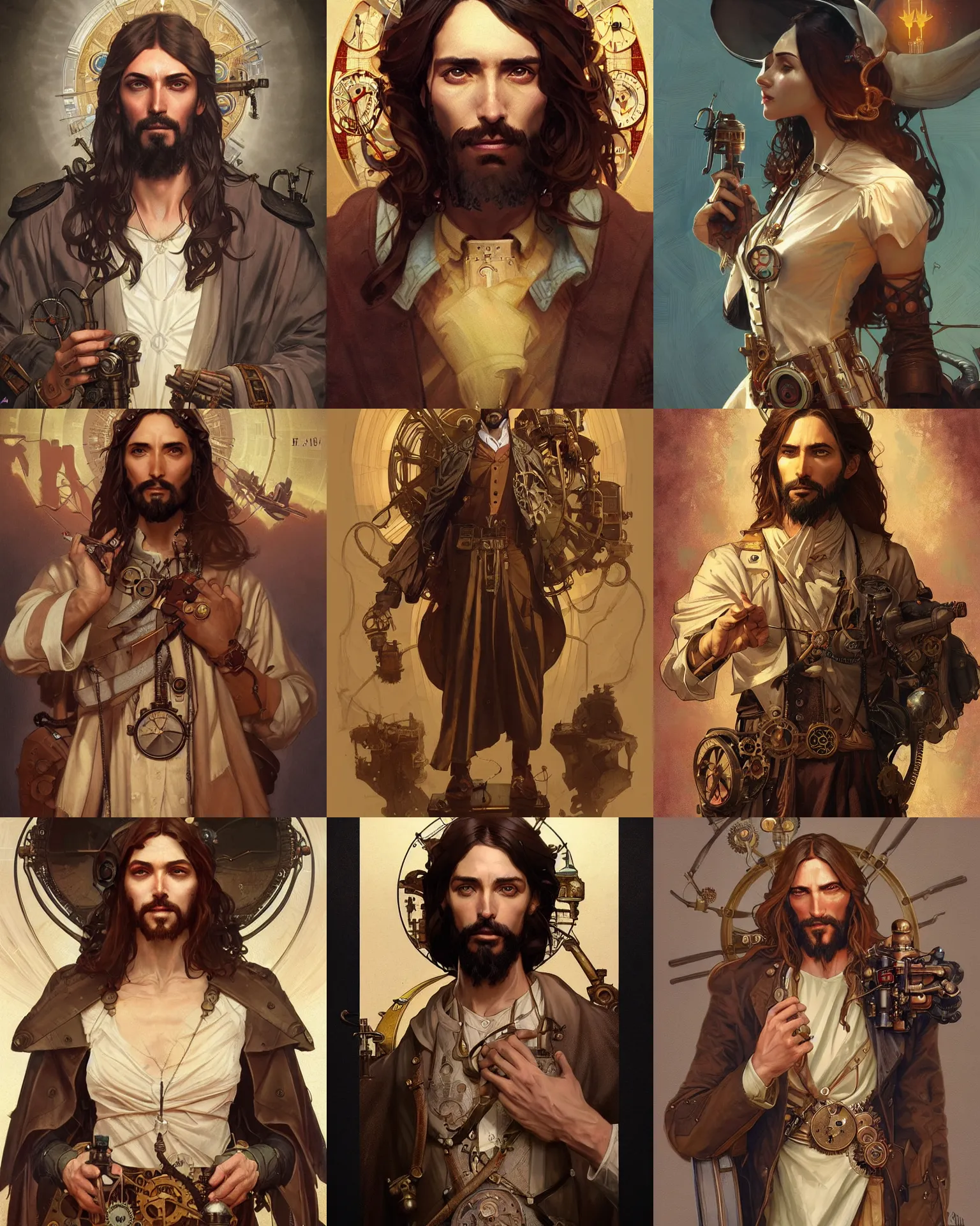 Prompt: steampunk jesus, highly detailed, digital painting, artstation, concept art, smooth, sharp focus, illustration, art by artgerm and greg rutkowski and alphonse mucha