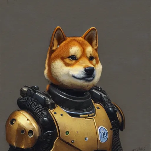 Prompt: the doomslayer as anthropomorphic smiling shiba inu a realistic scifi cyberpunk power armor robot, closeup portrait art by donato giancola and greg rutkowski, vintage retro scifi, realistic face, digital art, trending on artstation, symmetry