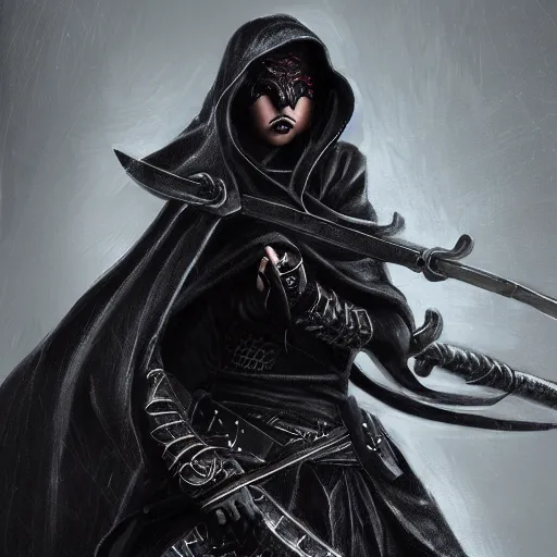 Image similar to character portrait of female hooded ninja thief beetle - rider, battle hardened imposing noble bearing, partially cloaked and hooded in thick black fabrics - exquisitely detailed weaponry and ornate staff, battle armor, dark forest fantasy atmosphere. dramatic lighting, digital painting, intricate, beautiful, rich deep colors masterpiece, sharp focus, ultra detailed