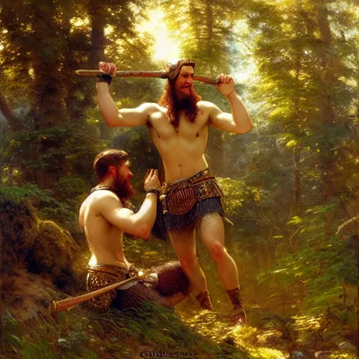 Image similar to 2 attractive male vikings frolicking in the forest. highly detailed painting by gaston bussiere, craig mullins, j. c. leyendecker, 8 k