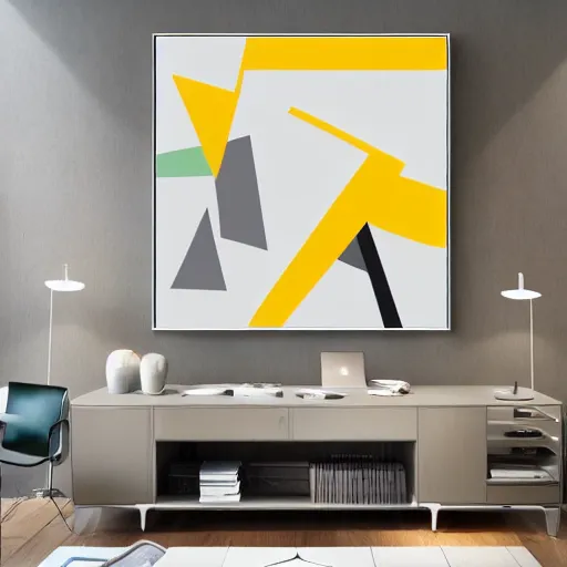 Image similar to a modern abstract painting with a light background that contains contrasting geometric shapes featuring a variety of colors. the theme is playfully urban. subtle morning light in a modern office with white walls.