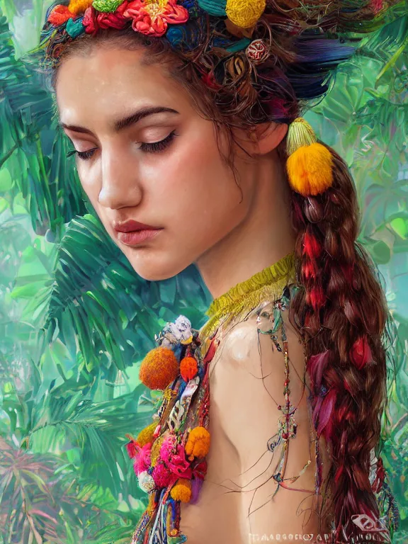 Prompt: beautiful portrait of a mediterranean female wearing fantastic Hand-dyed cotton dress, embellished beaded feather decorative fringe knots ,colorful pigtail,subtropical flowers and plants,symmetrical face,intricate,elegant, highly detailed, 8k,post-processing,digital painting, trending on artstation, concept art, sharp focus, illustration, by artgerm,Tom Bagshaw,Daniel Gerhartz,Albert Aublet,Lawrence Alma-Tadema