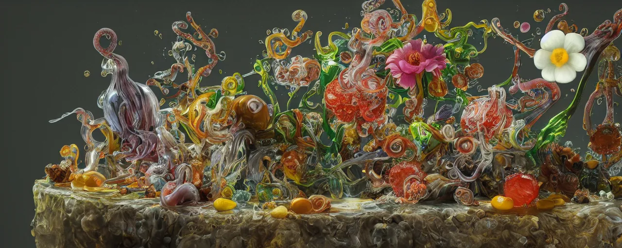 Image similar to ultradetailed photorealistic still life with jelly flowers by ernst haeckel, jan brueghel, james jean and salvador dalí, slime and tentacles, wide angle, minimalistic cinematic composition, octane render, bokeh, unreal engine, 4k, 3d render