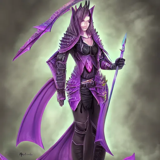 Prompt: DnD female sorcerer, dragon scales, purple accents, highly detailed art, 4k, trending on pixiv