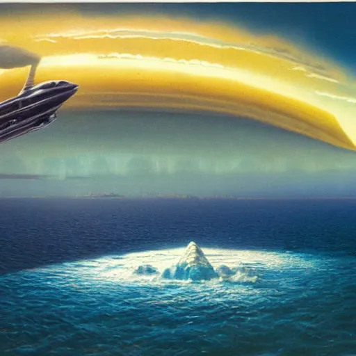 Image similar to beautiful matte painting of golden shores of a blue dreamy ocean, heavenly island in the clouds floating above the ocean, spaceship flying by, towering mountains emerging from the ocean, sci - fi, daylight, blue sky, cinematic lighting, cinematic perspective, album cover art, syd mead, john harris, federico pelat