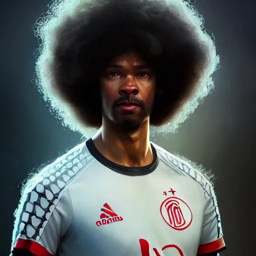 Image similar to Erik Ten Hag with an afro, Ajax coach, closeup, D&D, fantasy, intricate, elegant, highly detailed, digital painting, artstation, concept art, matte, sharp focus, illustration, art by Artgerm and Greg Rutkowski and Alphonse Mucha