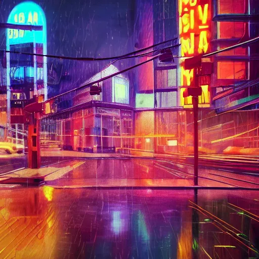 Prompt: Bustling photorealistic!!! rainy neon street in a utopian city illustrated and reimagined by Max Hay, inverted fisheye lens!!!, eyelevel!!! view!!! photography, trending on artstation, 4k, 8k, lens distortion, chromatic aberration, soft focus blur, photorealistic imagery, photorealistic details, intricate, highly detailed, artstation 3d, artstation render, artstation 3d render, 3d art, unreal engine 3d, octane 3d, blender 3d, 3d landscape