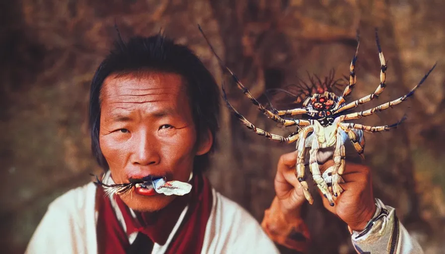 Image similar to 7 0 s movie still of a tibetan man with a spider in the mouth, cinestill 8 0 0 t 3 5 mm eastmancolor, heavy grain, high quality, high detail