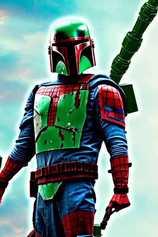 Prompt: boba fett mixed with spiderman, digital art, movie still from thor ragnarok, insane detail