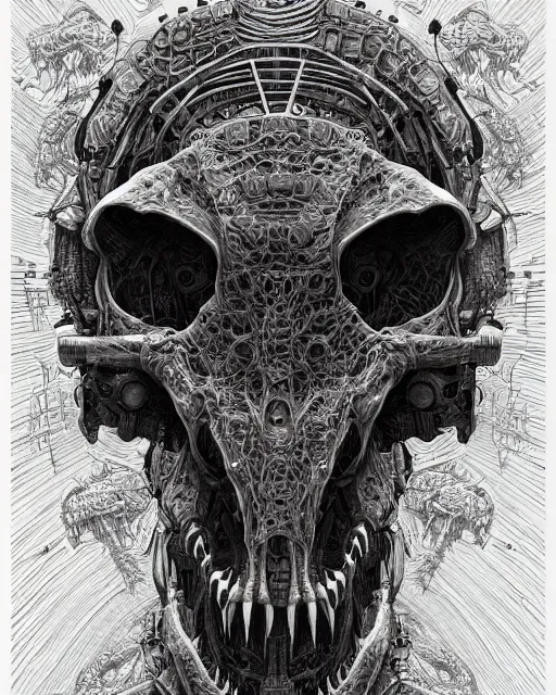 Prompt: intricate mechanical robot trex dinosaur skull, transformer, symmetrical illustration, bold line symmetrical illustration by peter gric, hr giger, kim jung gi, joe fenton, scifi, screen print, trending on art station, sharp, high contrast, ultrafine hyper detailed,