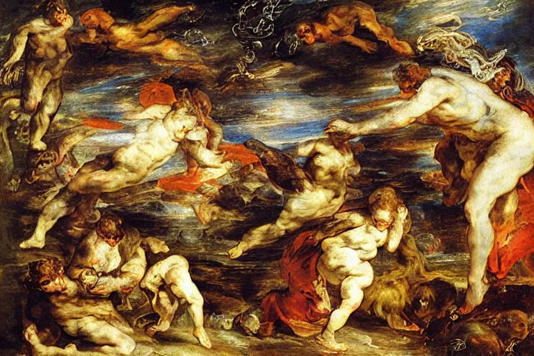 Image similar to Prometeus gifting art to humankind by Rubens and Delacroix, oil painting, glitch art