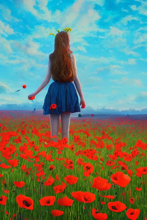 Image similar to closeup, giant poppy flower head, girl standing in a field of flowers, surreal photography, sunrise, blue sky, dramatic light, impressionist painting, digital painting, artstation, simon stalenhag