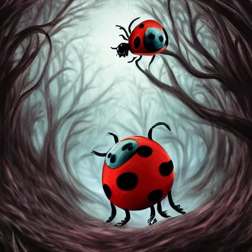 Image similar to ladybug as a monster, fantasy art style, scary atmosphere, nightmare - like dream