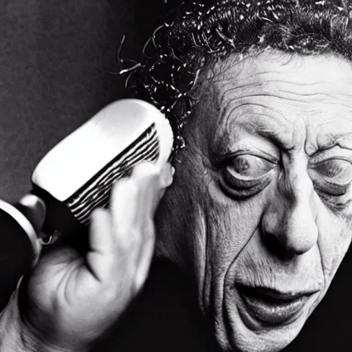 Prompt: Philip Glass rapping into a microphone, wearing bling