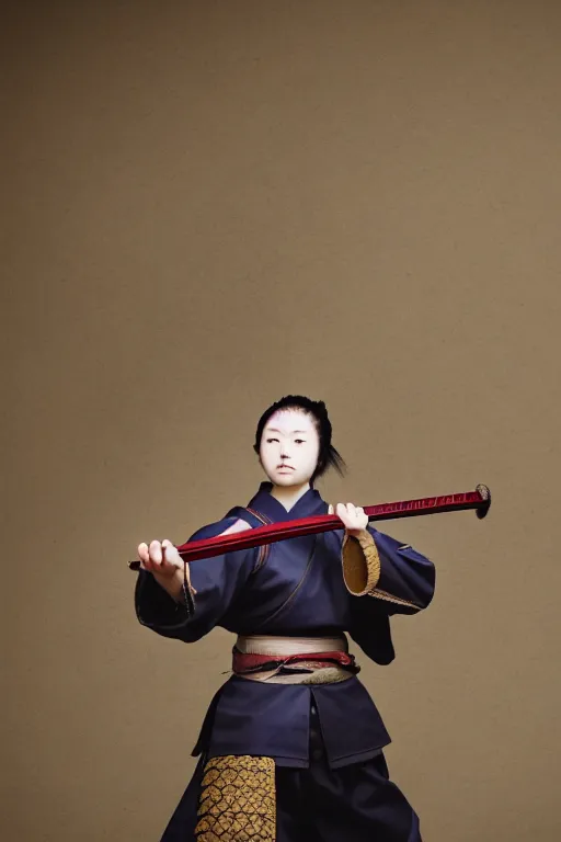 Image similar to highly detailed beautiful photo of a young female samurai, practising sword stances in a temple, symmetrical face, beautiful eyes, realistic anime art style, 8 k, award winning photo, pastels, action photography, 1 / 1 2 5 shutter speed, dramatic lighting