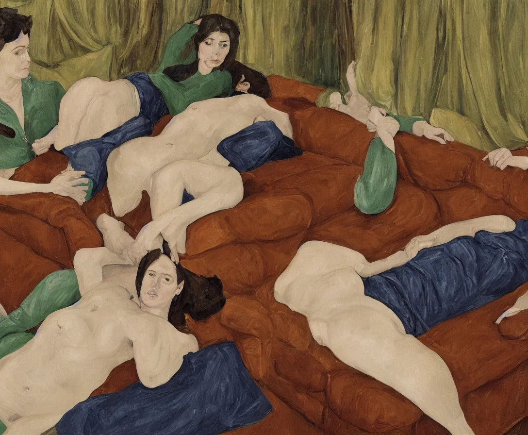 Image similar to portrait of two women lying horizontal, in an old english apartment on a brown leather sofa. one is wearing a dark blue sweather, the other a white shirt. brown hair, they are looking into the camera. wide shot. in the style of lucien freud. oil painting. green mood. isometric perspective