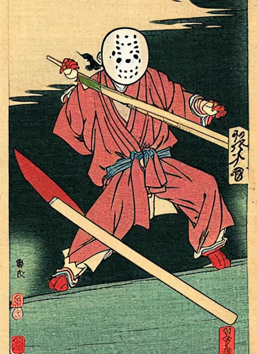 Image similar to jason voorhees as a yokai illustrated by kawanabe kyosai and toriyama sekien