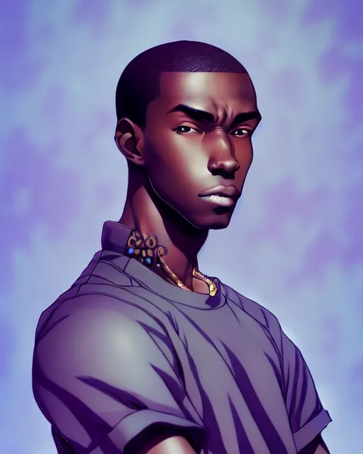 Prompt: handsome hip hop young black man, model pose, confident, anime style, scenery wallpaper aesthetic, pastel colors, symmetrical face, cinematic, dramatic, super detailed and intricate, hyper realistic, 4 k render, by artgerm, by kyoung hwan kim, by ralph mcquarrie, by yoshiyuki tomino