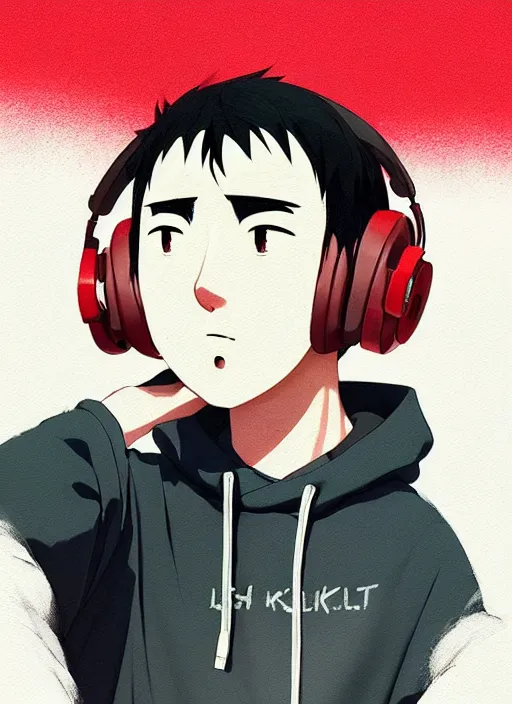 Image similar to portrait of chilled kong, sunny sky background, lush landscape, illustration concept art anime key visual trending pixiv fanbox by wlop and greg rutkowski and makoto shinkai and studio ghibli and kyoto animation, symmetrical facial features, black t shit, red headphones, ripped jeans, backlit, aerodynamic frame, gta 5