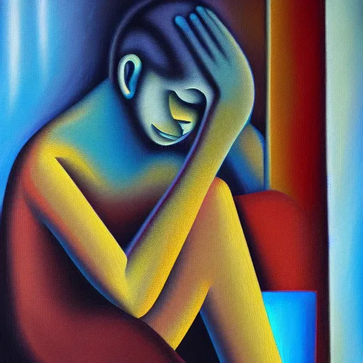 Image similar to abstract illustration of mental illness, oil painting on canvas, isolation, loneliness