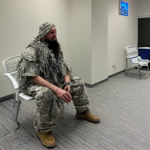 Image similar to a man wearing a white ghillie suit, sitting in a waiting room, film still, white and blue color scheme