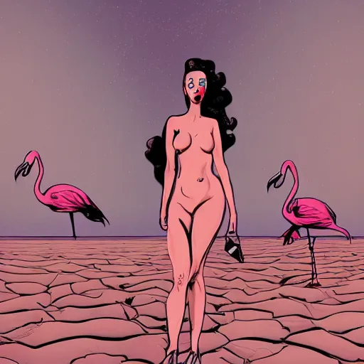 Image similar to A surreal comic noir illustration containing a beautiful woman and Flamingos on a desert beach oasis by Salvador Dali, dark vibes, high contrast, pastel lighting, cinematic, depth of field, 8k