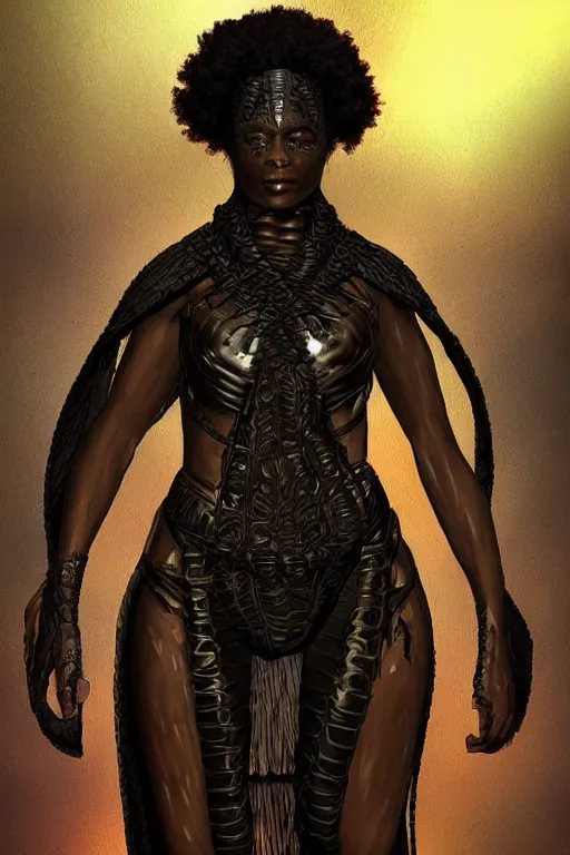 Image similar to ninja african princess with an afro in the style of giger. wearing cloak, medieval body armor, artgerm, trending on artstation, character concept art.