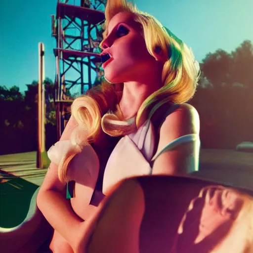 Image similar to blonde lana del rey on rollercoaster photographed by neil krug