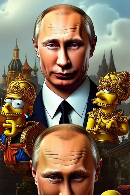 Image similar to vladimir putin as funny and stupid homer simpson, closeup, d & d, fantasy, intricate, elegant, highly detailed, digital painting, artstation, concept art, matte, sharp focus, illustration, hearthstone, art by artgerm and greg rutkowski and alphonse mucha