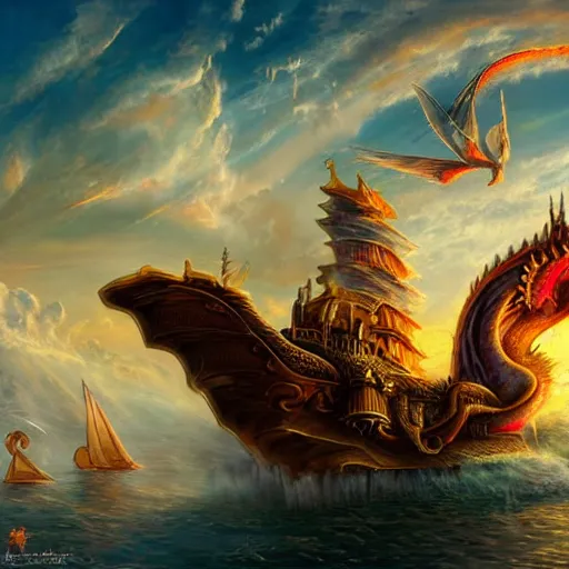 Prompt: majestical ship with a dragon flying above, beautiful composition, wide angle, colorful, cinematic, volumetric lighting, intricate details painting