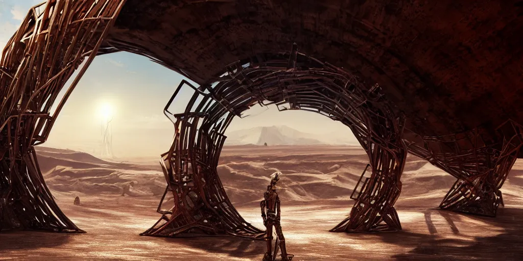 Image similar to a shiny chrome gargantuan underneath a rusted metal archway that spans the sky, desert canyons in background, matte oil painting, science fantasy, biblical, salt dunes, sacred, cybernetic racks, trees, rpg, queer, pride, epic, extremely detailed, sharp focus, 4 k