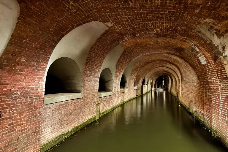 Prompt: underground water sewer tunnels, railing along the canal, brick walls, arches, detailed architecture, brass pipes on the walls, a slight green glow emanates from the water, artificial warm lighting, vivid materials