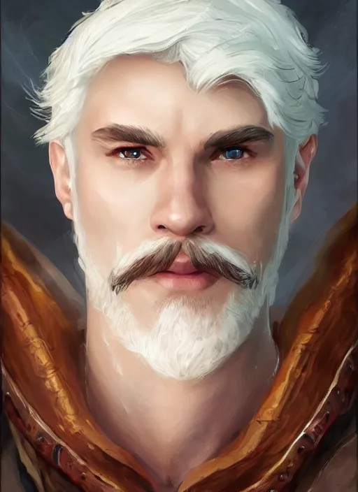 Image similar to tristan fulcher livedoce young man with short white fringe white hair and moustache, dndbeyond, bright, colourful, realistic, dnd character portrait, full body, pathfinder, pinterest, art by ralph horsley, dnd, rpg, lotr game design fanart by concept art, behance hd, artstation, deviantart, hdr render in unreal engine 5