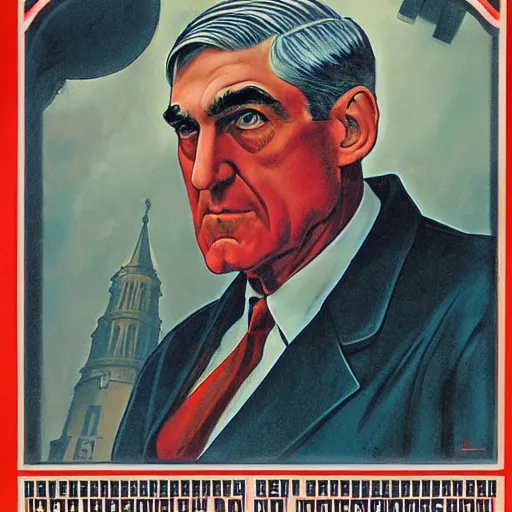 Image similar to soviet propaganda of robert mueller, by j. c. leyendecker, bosch, and beksinski