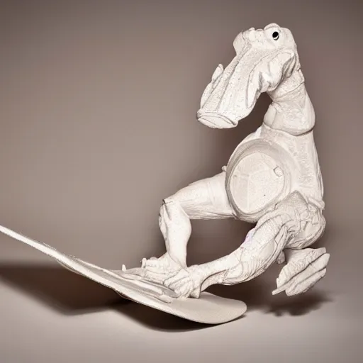 Image similar to rough plaster sculpture of an alligator on a skateboard, high resolution photograph, strong directional light, strange atmosphere