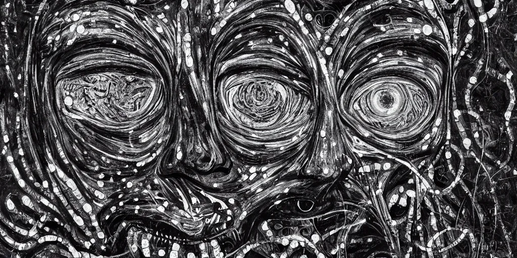 Image similar to camo of eyes, technical, acrylic, teeth, eerie, tribal, clay, dots, lines, stipple, points, grid, cybernetic, old painting, francis bacon art, swirly eyes, hypnosis, eerie, terror, oil, neon, black and white, splotches