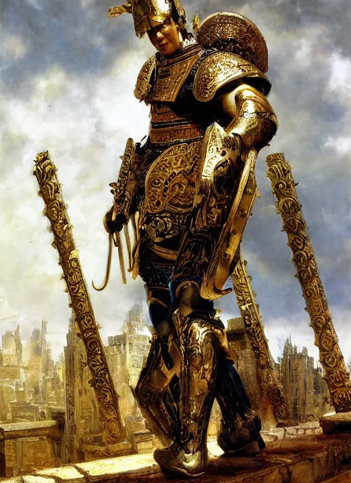 Prompt: a portrait of huge godlike achilles dressed in golden armour standing at the walls of troy, by john berkey and lawrence alma tadema and rick berry and norman rockwel