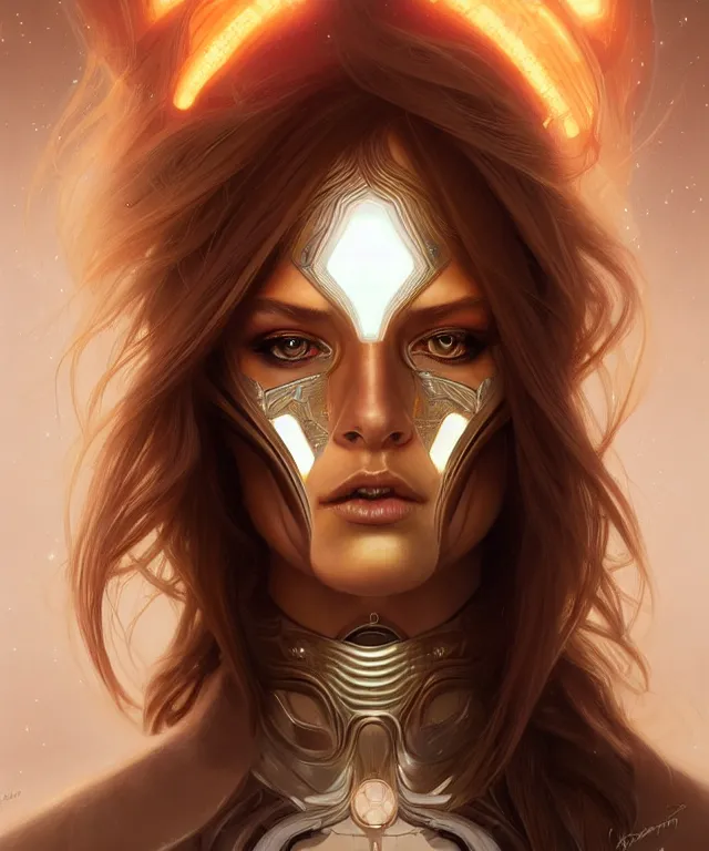 Image similar to futuristic woman portrait, sci-fi, amber eyes, face, long hair, fantasy, intricate, elegant, highly detailed, digital painting, artstation, concept art, smooth, sharp focus, illustration, art by artgerm and greg rutkowski and alphonse mucha